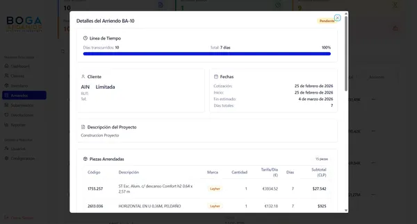 Detalle de contrato de arriendo con información del cliente