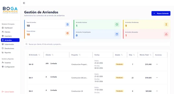 Módulo de arriendos activos y contratos