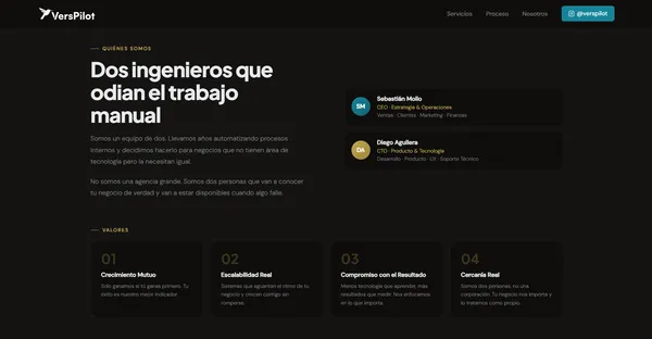 Sección sobre el equipo y la misión de Verspilot